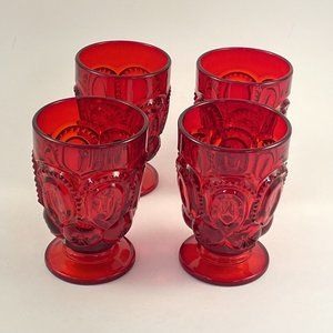 Vintage LE Smith Moon and Stars Ruby Red Footed Tumblers, 6 oz Set of 4 Tumblers